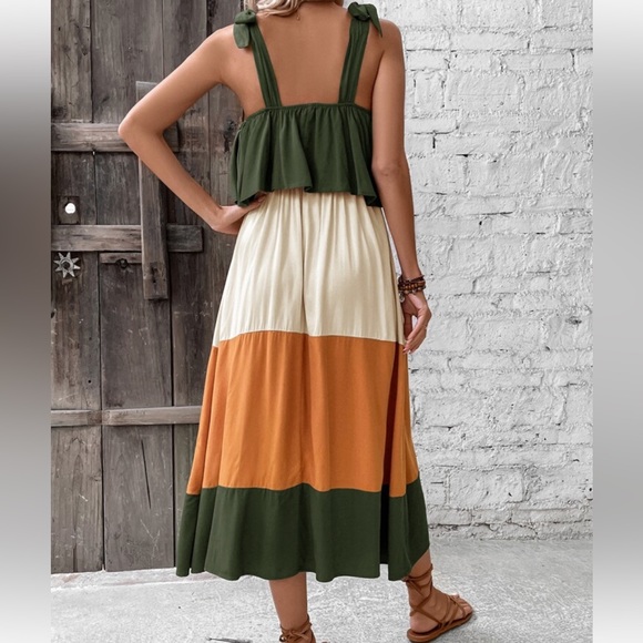 Boho Color Block Ruffle Neck Cami Maxi Dress - Picture 3 of 8